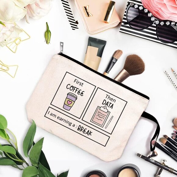 First Coffee Then Data Cosmetic Bag for Women Makeup Bags Toiletry Storage Canva - Picture 5 of 5